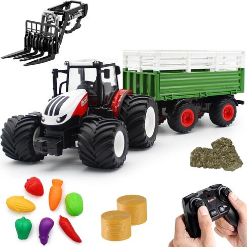 fisca RC Tractor Remote Control Farm Truck with Trailer, 2.4Ghz 1/24 Scale Electronic Tractor Farm Vehicle Toy with Light for Kids Age 5, 6, 7, 8, 9 and Up Years Old in Kuwait