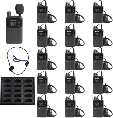 AGJ Wireless Tour Guide System Rechargeable 1 Transmitter 15 Receivers 1 Charger Simultaneous Interpretation System Court Church Translation System for Training Factory Tour Group Teaching Conference in Kuwait