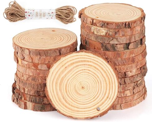 50Pcs Wood Slices 2.4"-2.8" Unfinished Natural Wood Rounds with Pre-drilled Hole and 66Feet Twine String, Wood Slices for Wood Burning Painting DIY Crafts Christmas Ornaments Party Wedding Decor in Kuwait