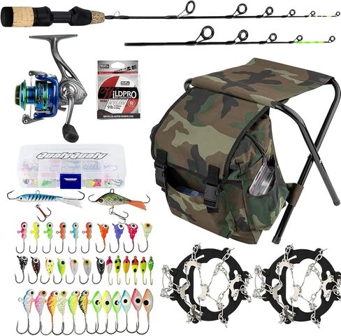 QualyQualy Ice Fishing Rod Reel Combo Complete Set Ice Fishing Gear with Backpack Seat Ice Cleats Ice Fishing Jigs Line Full Ice Fishing Kit in Kuwait