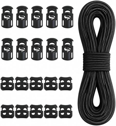 20 Pcs Plastic Cord Locks kit Elastic Bungee Nylon Shock Cord 1/8" 50 ft Lengths, DaKuan 10 Pcs Sing-Hole, 10 pcs Double-Hole (Black) End Spring Toggle Stopper Slider with Crafting Stretch String in Kuwait