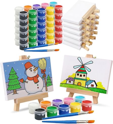 Set of 6 Mini Canvases 4x6 & Easel Set with Watercolors Paint - Party Favors for Kids 3 to 5 - Goody Bag Stuffers - Return Gifts for Kids Birthday - Small Canvases for Painting in Kuwait
