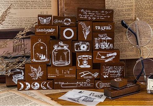 14pcs Wood Rubber Stamp Set, Vintage Decorative Wooden Stamp Set, Stamp for Art Craft, Journal, Diary, Scrapbook, Planner, Letter, Card Making M-06 (Moonlight) in Kuwait