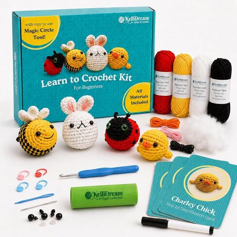 Learn to Crochet Kit for Beginners Adults with Step-by-Step Video Tutorials; Crochet Supplies to Make 4 Cute Amigurumi Animals; Crochet Bee, Chick, Bunny and Ladybug; Pattern Cards; Magic Circle Tool in Kuwait
