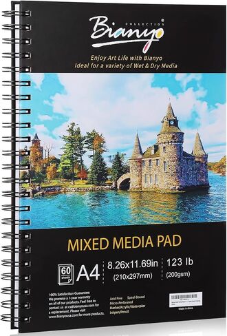 Bianyo Mixed Media Paper Sketchbook, A4 (8.26" X 11.69"), 60 Sheets/Each, 123 LB/200 GSM, Pack of 2 Pads, Spiral-Bound Pad, Ideal for Wet & Dry Media Like Marker, Watercolor, Acrylic, Pastel, Pencil in Kuwait