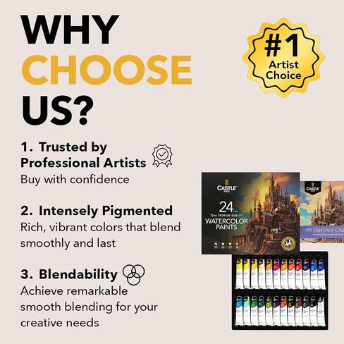 Castle Art Supplies 24 x 12ml Watercolor Paint Tube Set | Value for Adult Artists | Quality, Intense Colors | Just Squeeze The Tube, Mix with Water and Get Creative | in Delightful Presentation Box in Kuwait