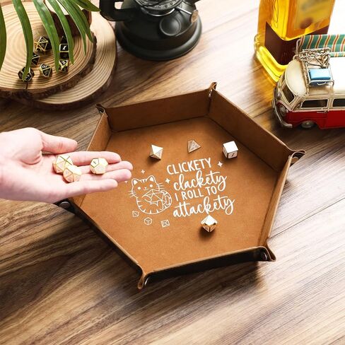Leather Dice Tray for Rolling Novelty Cat Folding Hexagonal Dice Holder Dice Storage Accessories Desk Organizer Funny Gift for RPG, DND Game Players in Kuwait