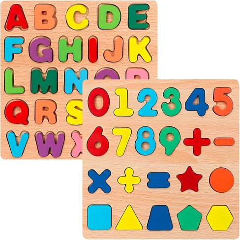 Wooden Puzzles for Toddlers, 2pack Alphabet Shape Puzzles for Kids Wooden Montessori Toddler Puzzles Wooden Alphabet Number Shape Puzzles for Kids 3 Years Old Boys & Girls in Kuwait