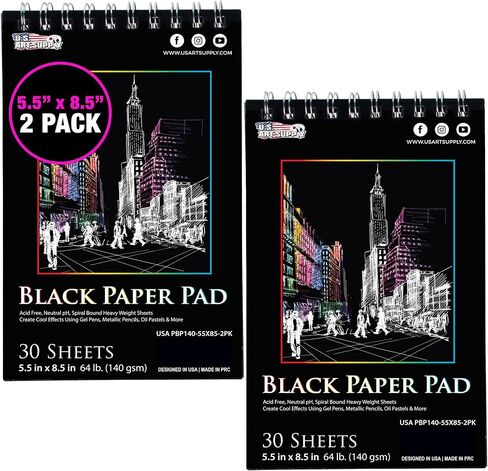U.S. Art Supply 9" x 12" Premium Black Heavyweight Paper Sketch Pad, Pack of 2, 30 Sheets Each, 64lb (140gsm) - Spiral Bound Artist Drawing Paper - Colored Pencils, Gel Pens, Oil Pastels, Charcoal Ink in Kuwait