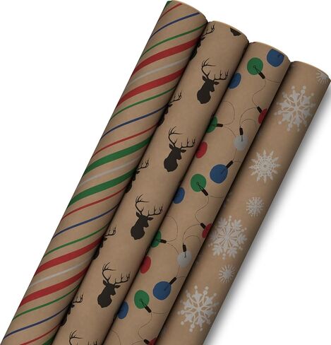 Hallmark Recyclable Christmas Wrapping Paper for Kids with Cut Lines on Reverse (4 Rolls: 88 sq. ft. ttl) Kraft Brown with Christmas Lights, Deer, Snowflakes, Red, Green, Blue Stripes (0005JXW1212) in Kuwait