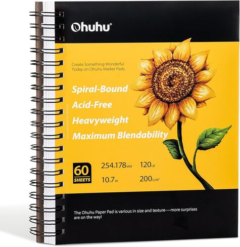 دفتر رسم فني من Ohuhu Marker Pads، مقاس ورق كبير 7.6 بوصة × 10 بوصة، أوراق رسم ناعمة ثقيلة 120 رطل/200 جرام في المتر المربع، 60 ورقة/120 صفحة، كتاب رسم حلزوني لعلامات الكحول هدية عيد الميلاد in Kuwait