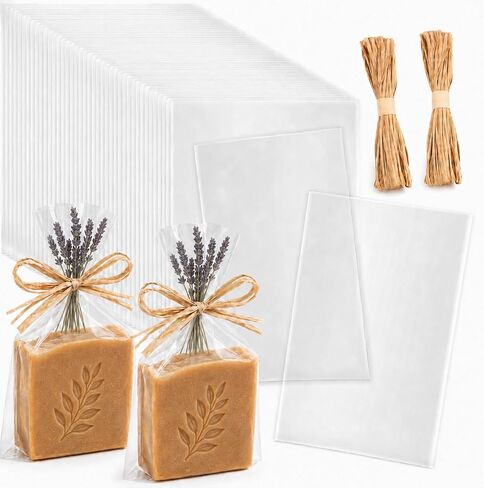 Tudomro Clear Soap Bags for Packaging 4.9'' x 7.9'' Soap Wrappers Transparent Cellophane Bags with Raffia Rope for Homemade Craft Soap Gift Box Birthday Party Favor Packaging Supplies(100 Pcs) in Kuwait
