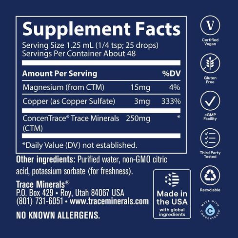 Trace Minerals | Liquid Ionic Copper 3 mg Dietary Supplement | Antioxidant Enzyme Superoxide Dismutase | Supports Blood Health, Bones, Nerves and Metabolism | 2 fl oz, 48 Servings in Kuwait