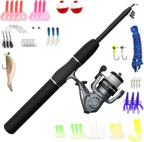 Zebco Ready Tackle Spinning Reel and Telescopic Fishing Rod Combo, 17-Inch to 5-Foot 6-Inch Telescopic Fishing Pole, Size 20 Fishing Reel, Pre-Spooled 8-Pound Fishing Line, 53-Piece Tackle Kit,Black in Kuwait