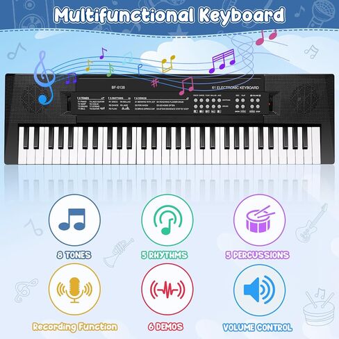 M SANMERSEN Piano for Kids with Microphone, Keyboard Piano for Beginners Electronic Keyboard 61 Keys with Dual Speakers/LED Display/AUX-in Jack/Music Stand Piano Toys for Boys Girls Ages 3-12 in Kuwait