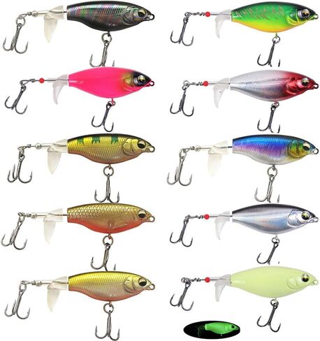 10PCS Top Water Fishing Lures Whopper Fishing Lure for Bass, Popper Fishing Lures with Floating Rotating Tail One Luminous Saltwater and Freshwater Plopping Lures for Bass in Kuwait