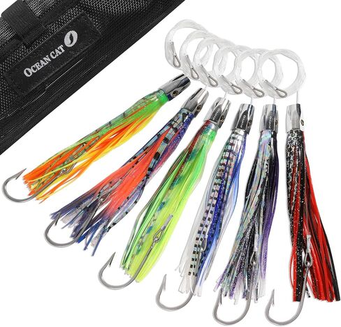 OCEAN CAT Saltwater Trolling Lures Set, Offshore Fishing Lure Rigged Circle Hook & 6 in/9 in Hoochie Octopus/Squid Skirts for Catching Mahi, Tuna, Wahoo and Big Game Fishes in Kuwait
