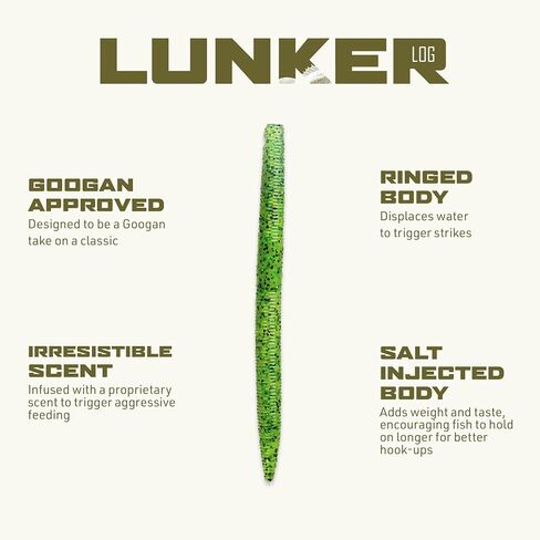 طعم صيد السمك من Googan Squad Lunker Log Bass - طعم صيد باس متعدد الاستخدامات مع حركة لامعة رقيقة، طعم بلاستيكي ناعم محقون بالملح للبركة والنهر وصيد الأسماك في البحيرة in Kuwait