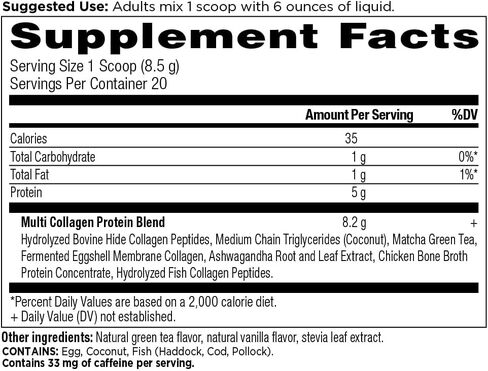 Matcha Powder with Collagen by Ancient Nutrition, Collagen Matcha with MCTs & Ashwagandha for Energy, Metabolism, Skin, Hair, and Gut Health, 20 Servings in Kuwait