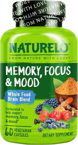 NATURELO Whole Food Brain Blend Supplement, Helps Support Memory, Focus and Mood - 60 Vegetarian Capsules in Kuwait