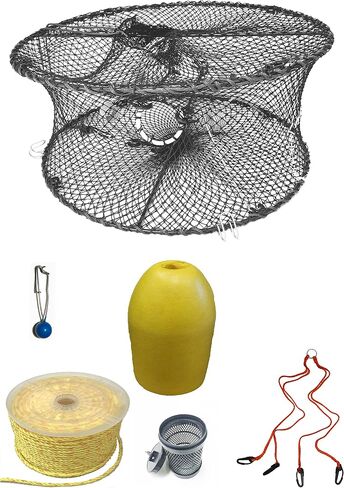 KUFA Sports Foldable Prawn Trap (Stretched Mesh Size:1-3/4") with 400' Rope, Yellow Float, Bait Bag & Harness Combo in Kuwait