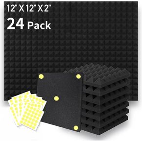 Focusound 24 Packs Acoustic Foam Panels 2" X 12" X 12" High Density 25kg/m3, Soundproofing Foam Noise Cancelling Foam with 120 PCS Double-Side Adhesive in Kuwait