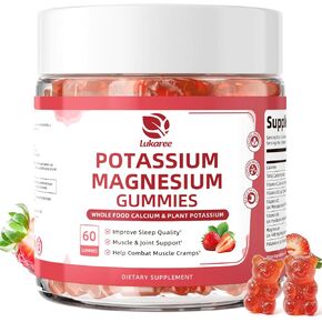 Potassium Magnesium Gummies - High Absorption Magnesium Glycinate 500mg & Potassium Citrate 200mg Plus Omega 3, B6, D3, K2 & Calcium - Chewable Gummy for Leg Cramps, Calm Mood & Energy - 60 Count in Kuwait