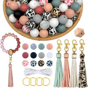 IESCOO 100pcs Silicone Beads for Keychain Making,15mm Rubber Beads kit for Keychain Bracelet Lanyards Pens with Key Rings and Tassels in Kuwait