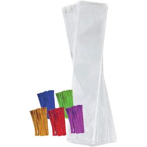 Purple Q Crafts Clear Plastic Cellophane Bags with 4" Colored Twist Ties for Gifts Party Favors (6"x9" 100 Pack) in Kuwait