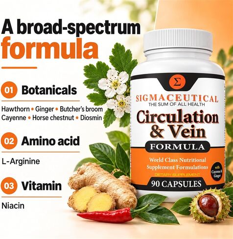 Sigmaceutical Varicose Veins Treatment for Legs - Circulation Supplement - Diosmin Leg Vein Support - Circulation Vein Support - Healthy Leg Vein Supplement - 90 Capsules in Kuwait
