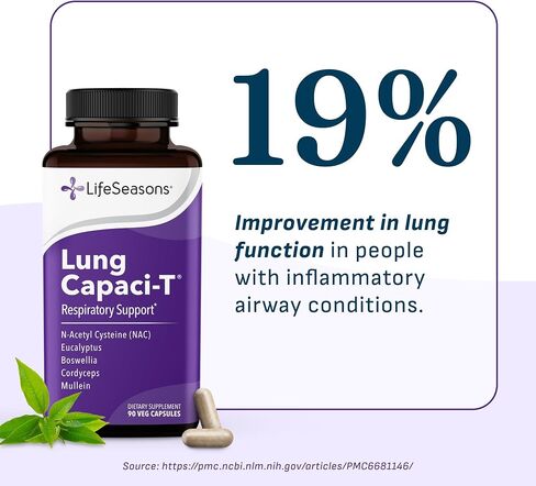 LifeSeasons - Lung Capaci-T - Lung & Respiratory Support Supplement - Increase Oxygen Capacity & Reduce Mucus - CoQ10, N-Acetyl Cysteine, Boswellia, Eucalyptus, Nettle, Peppermint - 90 Capsules in Kuwait