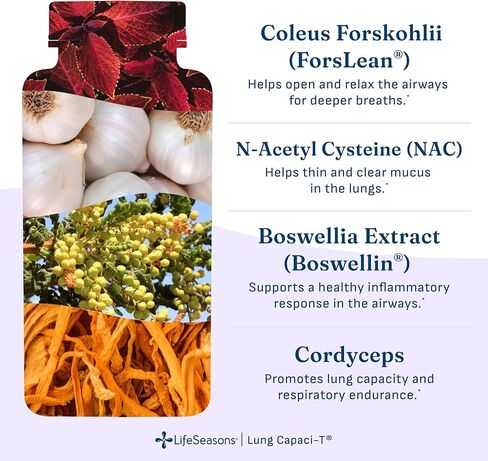 LifeSeasons - Lung Capaci-T - Lung & Respiratory Support Supplement - Increase Oxygen Capacity & Reduce Mucus - CoQ10, N-Acetyl Cysteine, Boswellia, Eucalyptus, Nettle, Peppermint - 90 Capsules in Kuwait