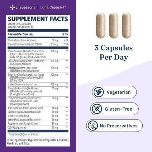 LifeSeasons - Lung Capaci-T - Lung & Respiratory Support Supplement - Increase Oxygen Capacity & Reduce Mucus - CoQ10, N-Acetyl Cysteine, Boswellia, Eucalyptus, Nettle, Peppermint - 90 Capsules in Kuwait