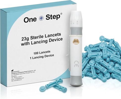 One Step Lancing Device & 100 x 23 Gauge Twist Top Lancets, Blood Sampling Pen, 5 Depth Settings, Diabetic Sugar Level Testing, Less Pain and Ejector in Kuwait