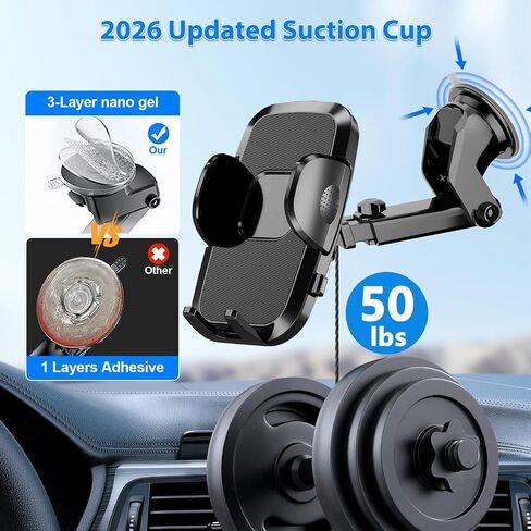 Car Phone Holder [2026 Updated Suction Cup] Long Arm 360°Rotation Phone Mount for Car Windshield Compatible with iPhone 17 Pro Max and Most Smartphones (Black) in Kuwait