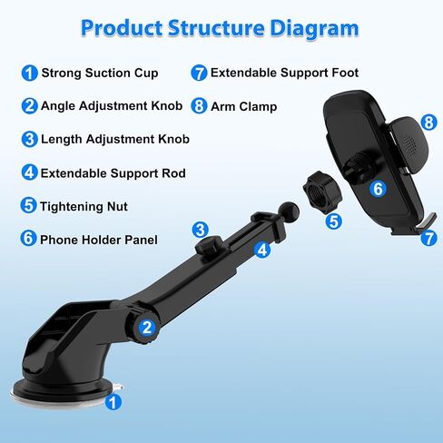 Car Phone Holder [2026 Updated Suction Cup] Long Arm 360°Rotation Phone Mount for Car Windshield Compatible with iPhone 17 Pro Max and Most Smartphones (Black) in Kuwait