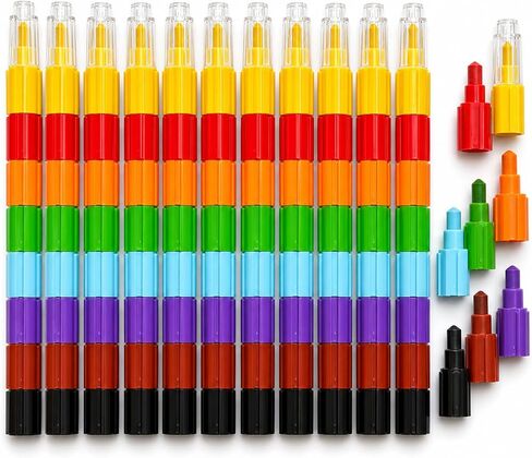 Huji Stacking Buildable 8 Colors Crayons Set, Connect Stack and Build Sideways and Up, Favorite Toys Kids Children Party Favors School Supplies Safe Non-Toxic, Easy to Hold (12) in Kuwait