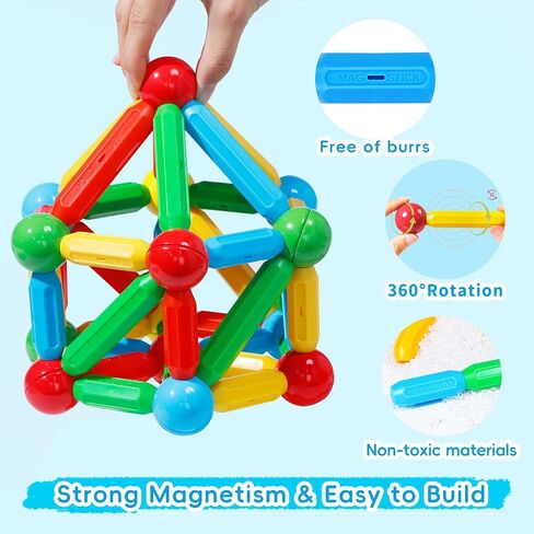TOKBLOK Magnetic Building Sticks Blocks, 132pcs Creative Circus Magnetic Rods and Balls Set for Toddler, Preschool STEM Construction Sensory Magnet Toys for Kids Boys Girls Ages 3-8 in Kuwait