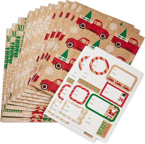 Hallmark Recyclable Kraft Christmas Flat Wrapping Paper Sheets with Cutlines on Reverse (12 Folded Sheets with Sticker Gift Tags) Rustic Red Trucks, White Snowflakes, "Merry Christmas" Lettering in Kuwait