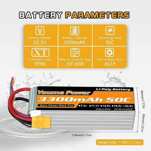 Youme 2Packs 6s RC Lipo,22.2V Lipo Battery 5200mah 50C with EC5 and XT90 Plug for DJI Align T-REX550 600 RC Airplane Helicopter Quadcopter Car Truck Boat Hobby in Kuwait