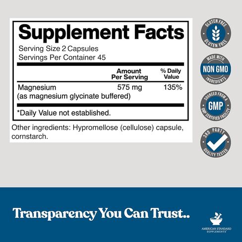 Magnesium Glycinate 575mg per Serving, Magnesium Glycinate Chelate, Magnesium Glycinate Capsules, Magnesium Supplement for Bone & Muscle Health, Chelated for Maximum Absorption, 90 Veggie Capsules in Kuwait