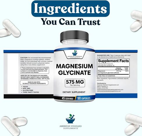 Magnesium Glycinate 575mg per Serving, Magnesium Glycinate Chelate, Magnesium Glycinate Capsules, Magnesium Supplement for Bone & Muscle Health, Chelated for Maximum Absorption, 90 Veggie Capsules in Kuwait