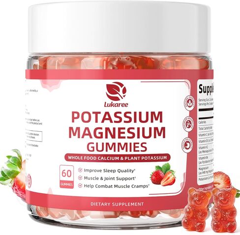 Potassium Magnesium Gummies - High Absorption Magnesium Glycinate 500mg & Potassium Citrate 200mg Plus Omega 3, B6, D3, K2 & Calcium - Chewable Gummy for Leg Cramps, Calm Mood & Energy - 60 Count in Kuwait