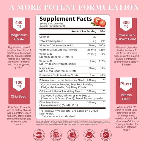 Potassium Magnesium Gummies - High Absorption Magnesium Glycinate 500mg & Potassium Citrate 200mg Plus Omega 3, B6, D3, K2 & Calcium - Chewable Gummy for Leg Cramps, Calm Mood & Energy - 60 Count in Kuwait