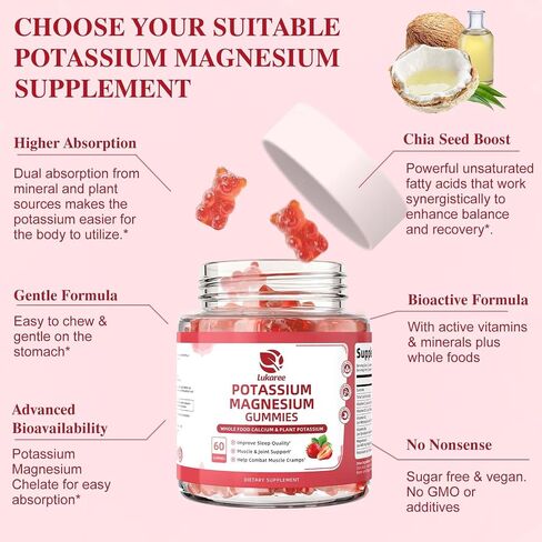 Potassium Magnesium Gummies - High Absorption Magnesium Glycinate 500mg & Potassium Citrate 200mg Plus Omega 3, B6, D3, K2 & Calcium - Chewable Gummy for Leg Cramps, Calm Mood & Energy - 60 Count in Kuwait