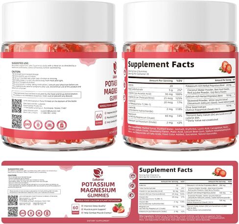 Potassium Magnesium Gummies - High Absorption Magnesium Glycinate 500mg & Potassium Citrate 200mg Plus Omega 3, B6, D3, K2 & Calcium - Chewable Gummy for Leg Cramps, Calm Mood & Energy - 60 Count in Kuwait