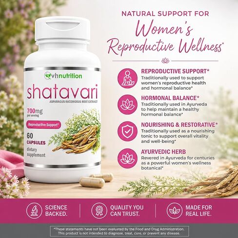 VH Nutrition SHATAVARI | Shatavari Capsules | 700mg Asparagus Racemosus Extract | Female Vitality* & Rejuvenation* | Natural Estrogen Balance* | 60 Capsules in Kuwait
