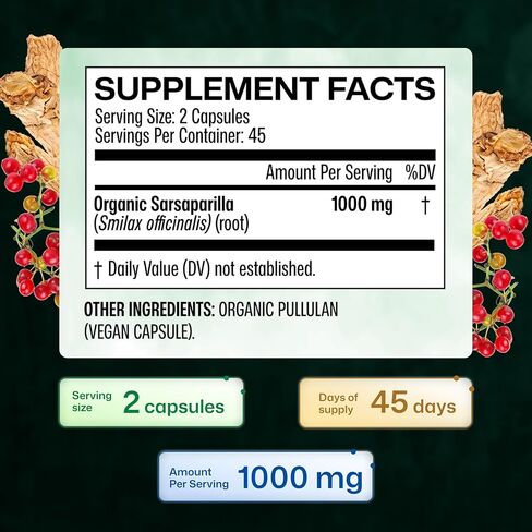 MAUWE HERBS Sarsaparilla Root Organic Capsules - 1000mg Pure Sarsaparilla Powder Pills - Vegan Supplement for Pure & Potent Health Support - 250 Veggie Caps in Kuwait