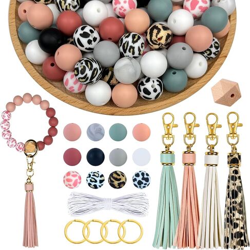 IESCOO 100pcs Silicone Beads for Keychain Making,15mm Rubber Beads kit for Keychain Bracelet Lanyards Pens with Key Rings and Tassels in Kuwait