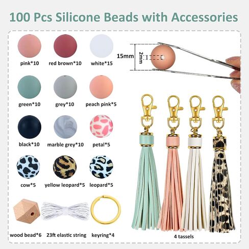 IESCOO 100pcs Silicone Beads for Keychain Making,15mm Rubber Beads kit for Keychain Bracelet Lanyards Pens with Key Rings and Tassels in Kuwait